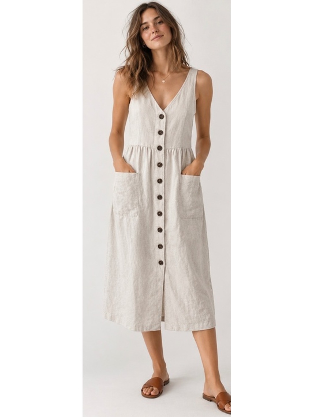 Petite GAP Apron Button-Front Linen Dress in Flax